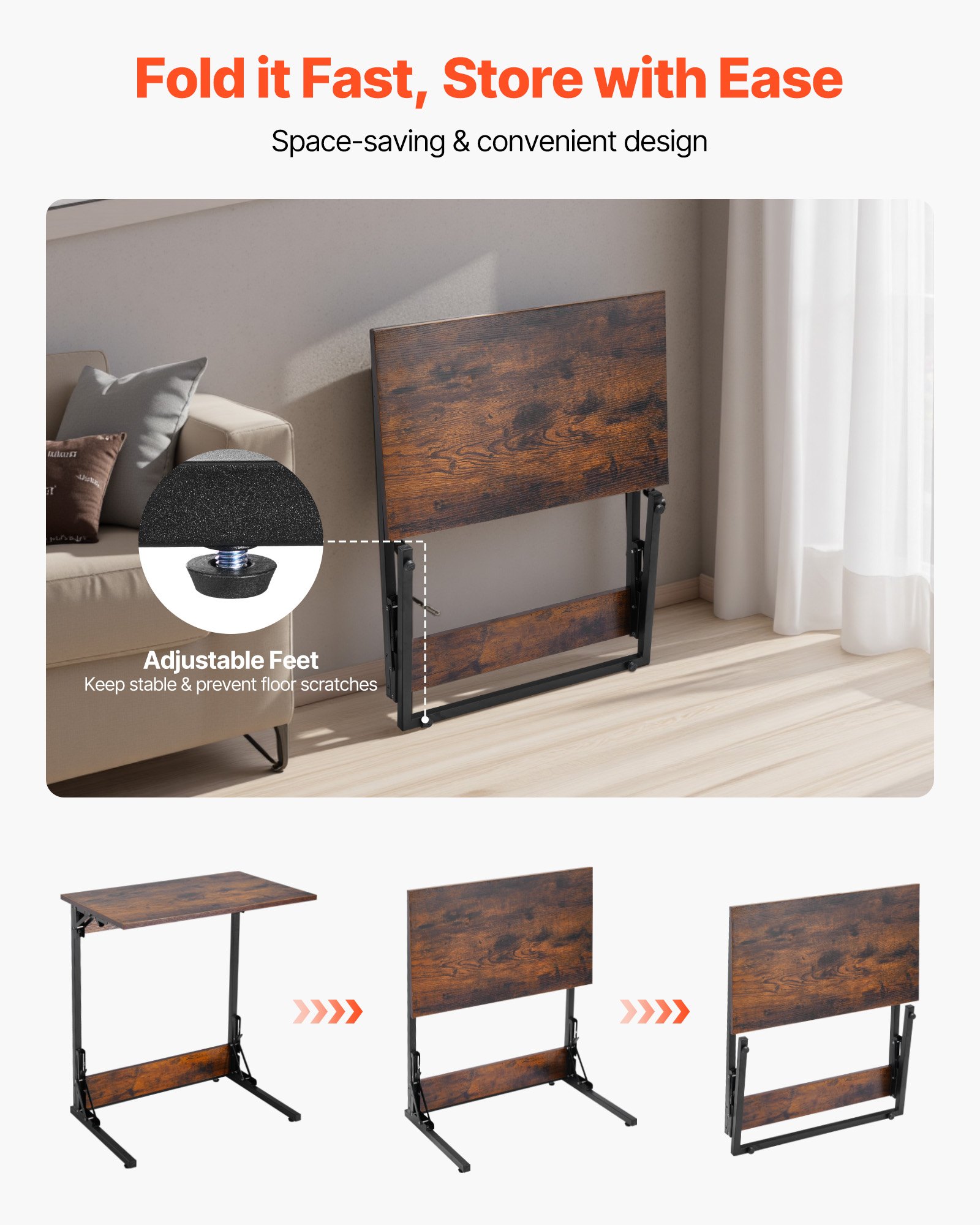 VEVOR Stolik kawowy składany z metalową ramą i regulowanymi nóżkami, stolik kawowy w kształcie litery C do salonu, sypialni, biura, 60 x 37 x 70 cm, stolik pod telewizor, stolik kawowy w kolorze brązowym i czarnym