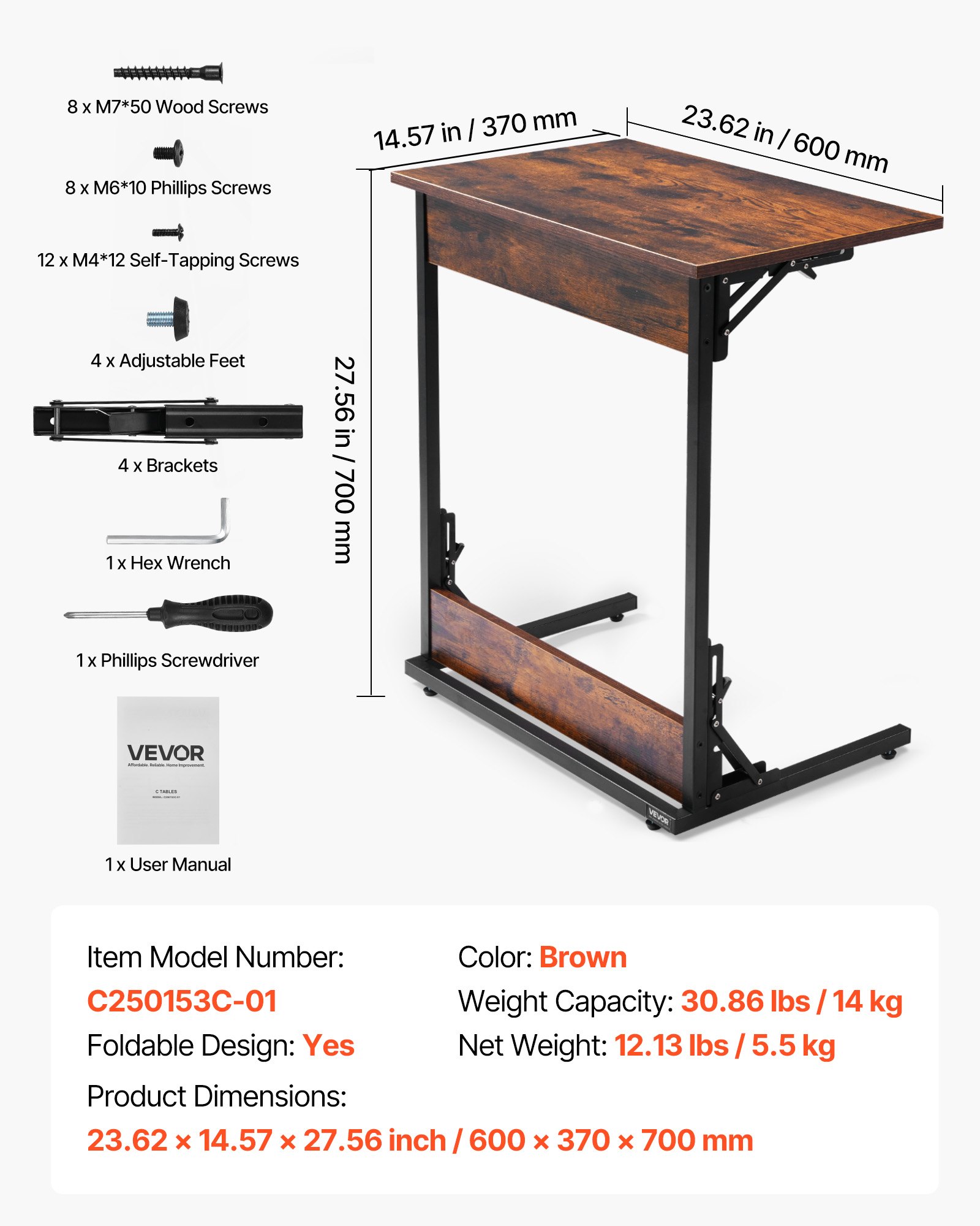 VEVOR Stolik kawowy składany z metalową ramą i regulowanymi nóżkami, stolik kawowy w kształcie litery C do salonu, sypialni, biura, 60 x 37 x 70 cm, stolik pod telewizor, stolik kawowy w kolorze brązowym i czarnym