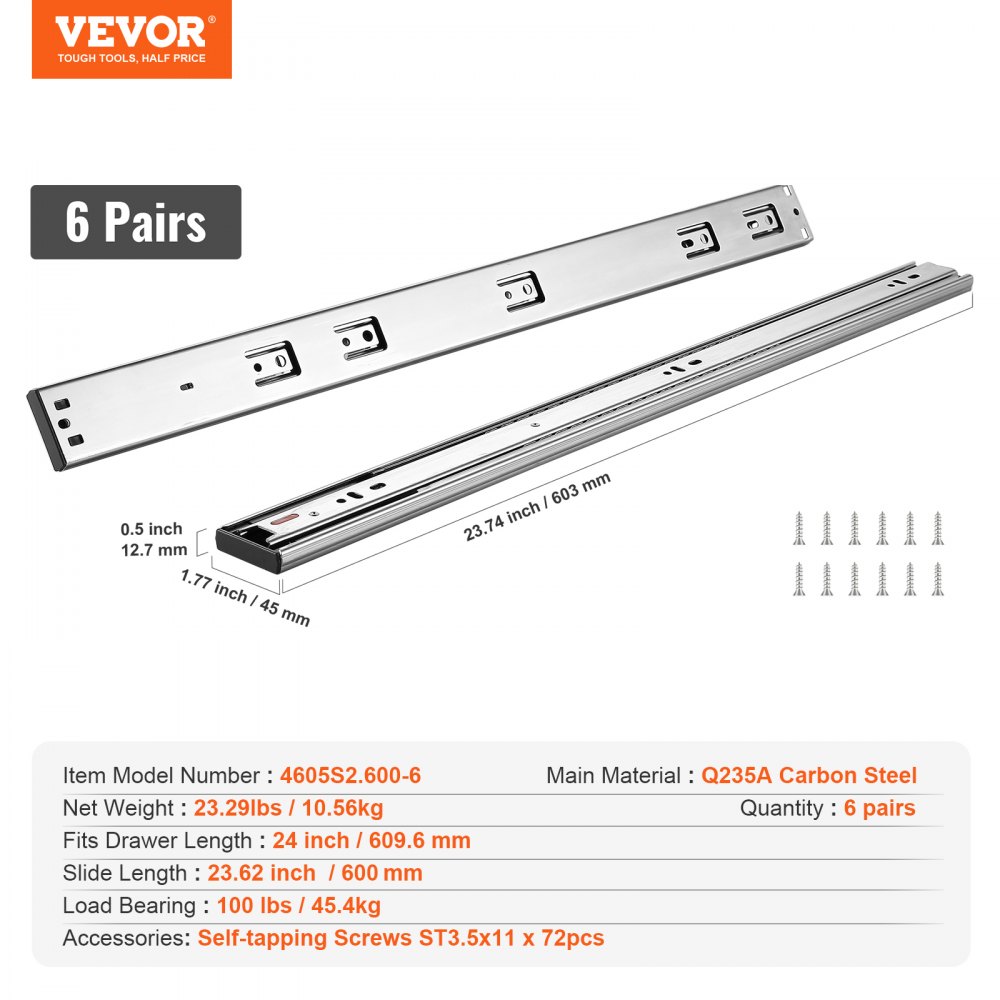 VEVOR Drawer Slides, 6 Pairs of Ball Bearing Slides, 609.6 mm, Low Noise, Soft Close, 45.4 kg, Side Mounting, Steel Guide Rail, Full Extension for Shelves, Cabinets, Kitchens