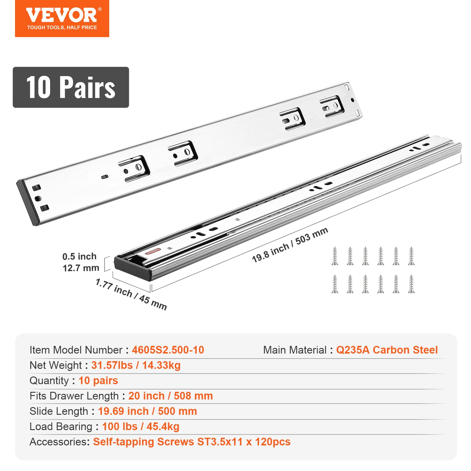 VEVOR Drawer Slides, 10 Pairs of Ball Bearing Slides, 508 mm, Silent, Soft Closing, 45.4 kg, Side Mounting, Steel Guide Rail, Full Extension for Shelves, Kitchen Cabinets