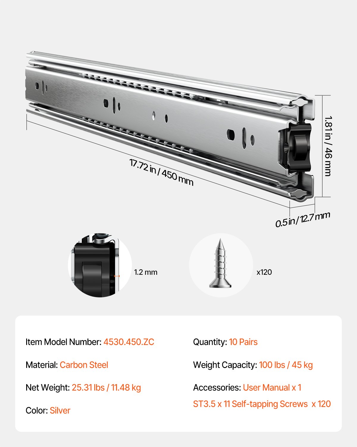 Prowadnice do szuflad VEVOR, 45 cm, 10 par, wysuwane prowadnice do szuflad z łożyskami kulkowymi, udźwig 45 kg, wytrzymałe prowadnice do szuflad montowane z boku, do samodzielnego montażu