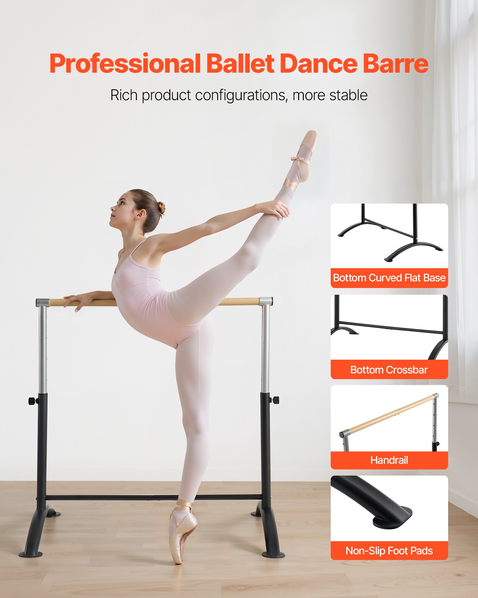VEVOR Ballet Barre, wolnostojący drążek baletowy, regulowany na 5 poziomów (715-1115 mm), ze stali węglowej, do ćwiczeń baletowych, równowagi i relaksacji.
