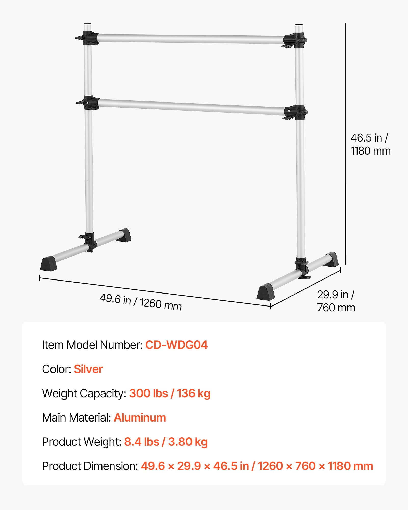 VEVOR Ballet Barre, Aluminum Double Barre Bar for Home, Freestanding Portable Ballet Stretching Dance Bars, Height Adjustable Anti-Wobble Fitness Studio Equipment, for Pilates Balance Workout