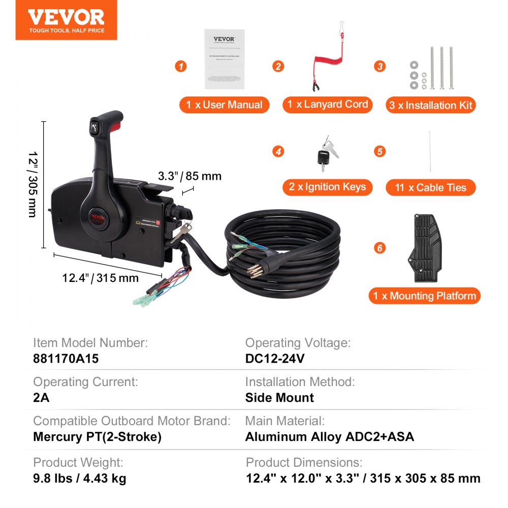 VEVOR Boat Throttle Control, 881170A15 Boczny zdalny moduł sterowania silnikiem zaburtowym Mercury PT 2-Stroke, moduł sterowania przepustnicą do łodzi z elektrycznym przełącznikiem trymu