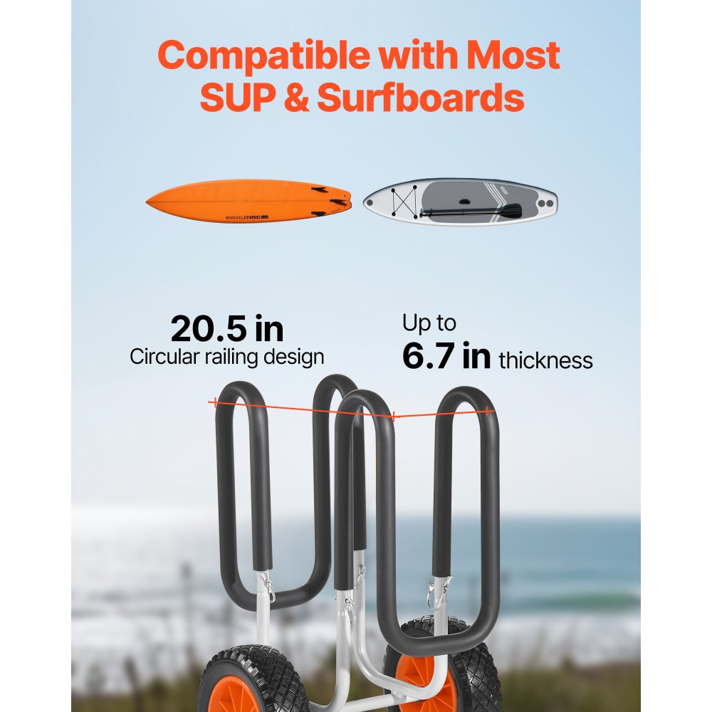 VEVOR Kayak Cart, 68.0 kg Load Capacity, Stand Up Paddle Board Trolley with 25.4 cm Solid Rubber Tires & Kickstands, Paddle Board Carrier with Ratchet Strap for Paddleboard & Surfboard Transport