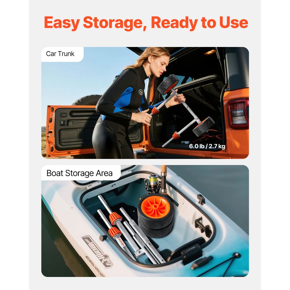 Wózek na kajak VEVOR, 113 kg, wózek na kajaki z oponami z pełnej gumy o szerokości 19,1 cm i 4-metrowym pasem mocującym, wózek na łódź do transportu kajaków, kanadyjek, desek SUP, łodzi Jon, sprzętu do sportów wodnych, 560 x 190 x 485 mm