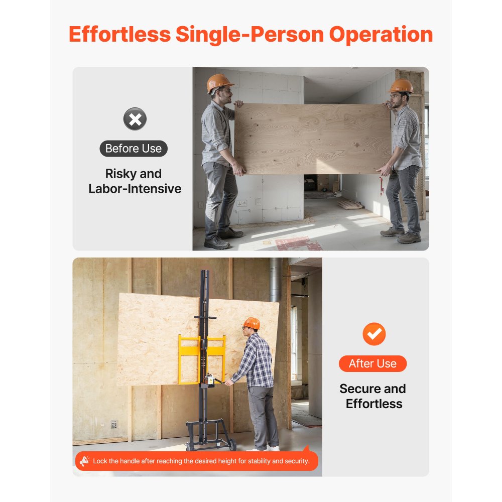 Podnośnik do płyt gipsowo-kartonowych VEVOR, podnośnik do płyt gipsowo-kartonowych o udźwigu 68 kg do montażu sufitowego i ściennego, podnośnik do płyt gipsowo-kartonowych obsługiwany przez jedną osobę, maks. 1219 x 4878 mm, pionowy podnośnik z kółkami, łatwy transport (żółty)