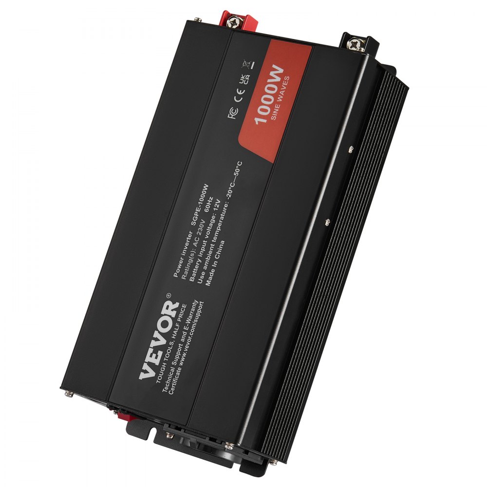 Falownik sinusoidalny VEVOR 1000 W DC 12 V do AC 230 V z 1 gniazdem AC, 1 portem USB, 1 portem typu C, pilotem do małych urządzeń gospodarstwa domowego, takich jak smartfony i laptopy