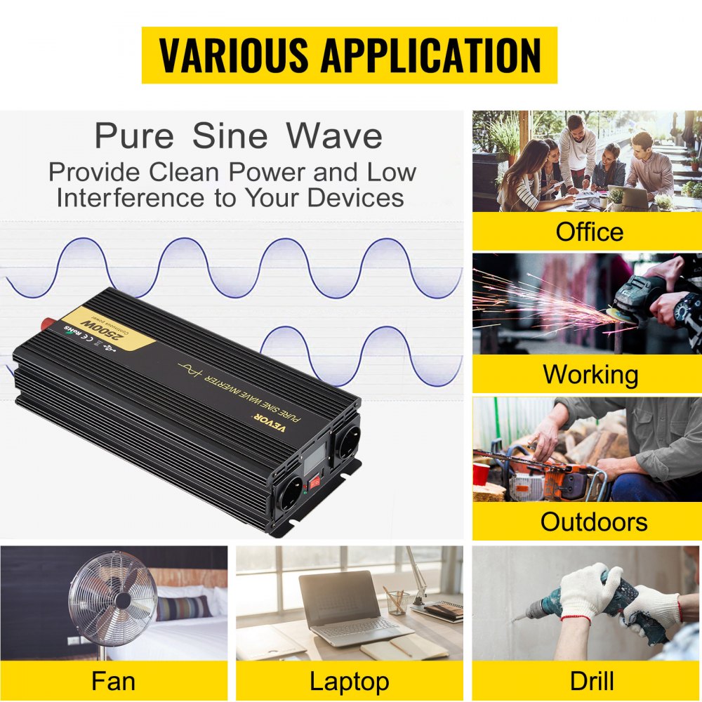 VEVOR Przetwornica napięcia 230 V, przetwornica sinusoidalna 2500 W, GYS-2500 W, 12 V DC, przetwornica sinusoidalna, pilot zdalnego sterowania z kablem i ekranem LCD