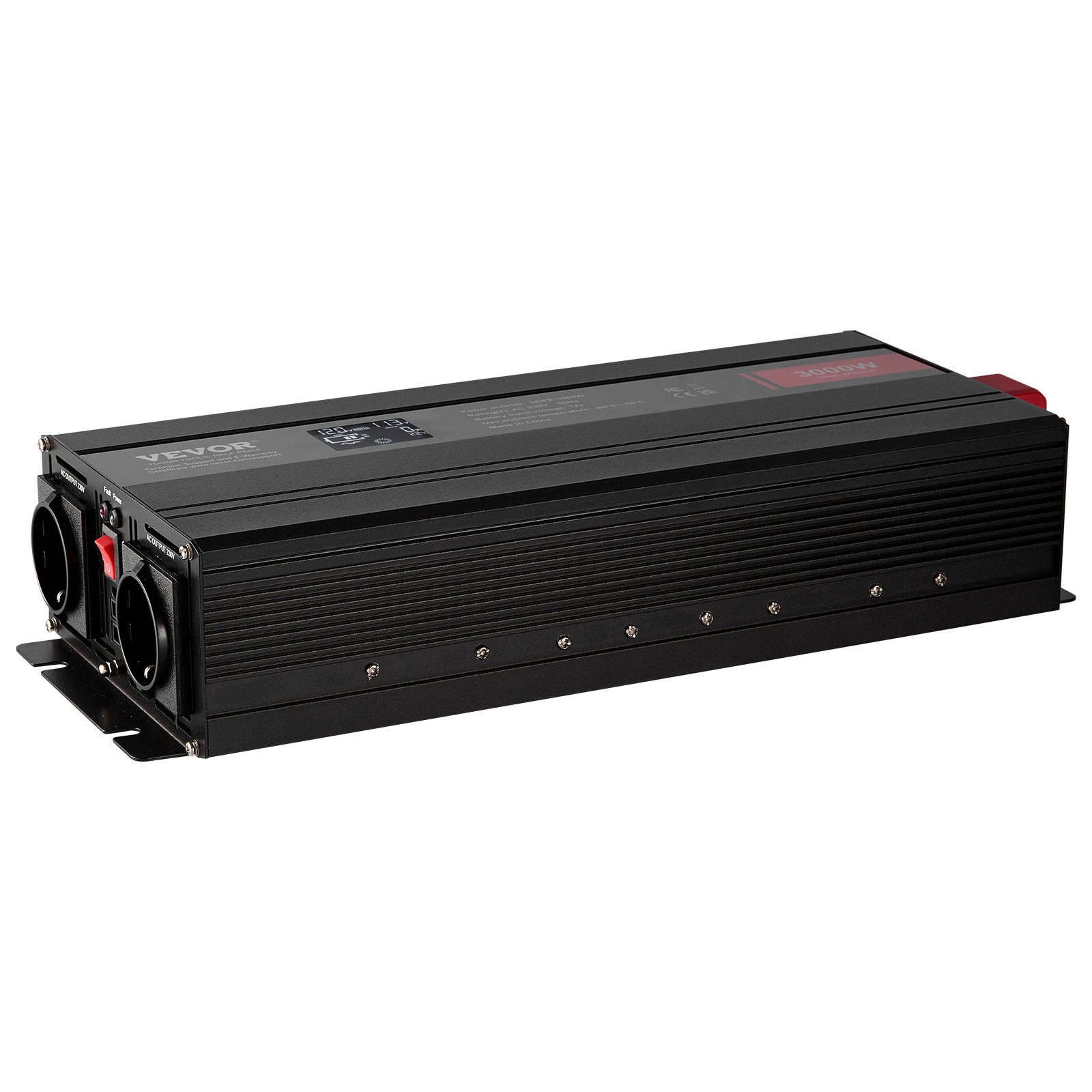 VEVOR Falownik sinusoidalny 3000 W z czystym napięciem stałym 12 V na 230 V AC z 2 gniazdami AC, 2 portami USB, 1 portem typu C, wyświetlaczem LCD i pilotem do dużych urządzeń gospodarstwa domowego