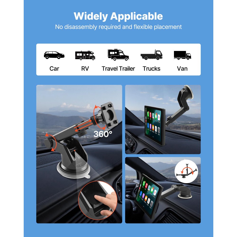 Bezprzewodowe radio samochodowe VEVOR (228,6 mm) HD z ekranem dotykowym i obsługą Apple CarPlay i Android Auto, ekran CarPlay z kamerą przednią i tylną, sterowanie głosowe Mirror Link, nawigacja GPS Bluetooth