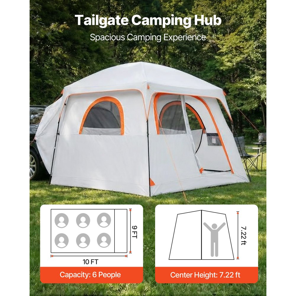 VEVOR Namiot na tylną klapę, namiot samochodowy dla 6 osób, 3048 x 2743 x 2200 mm, wodoodporny (PU2000 mm), namiot kempingowy z wentylowanymi drzwiami i moskitierami, namiot na tylną klapę SUV-a do biwakowania, pieszych wędrówek i aktywności na świeżym powietrzu