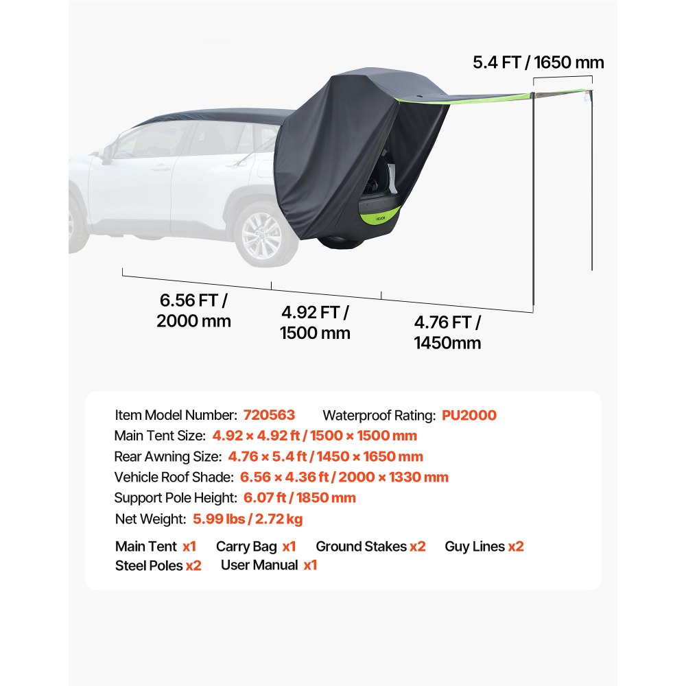 VEVOR Namiot samochodowy na tylną klapę (namiot główny 1,5 x 1,5 m), wodoodporny (PU2000 mm), namiot kempingowy z osłoną przeciwsłoneczną i torbą transportową, namiot na tylną klapę SUV-a do kempingu, pieszych wędrówek i aktywności na świeżym powietrzu, przenośny