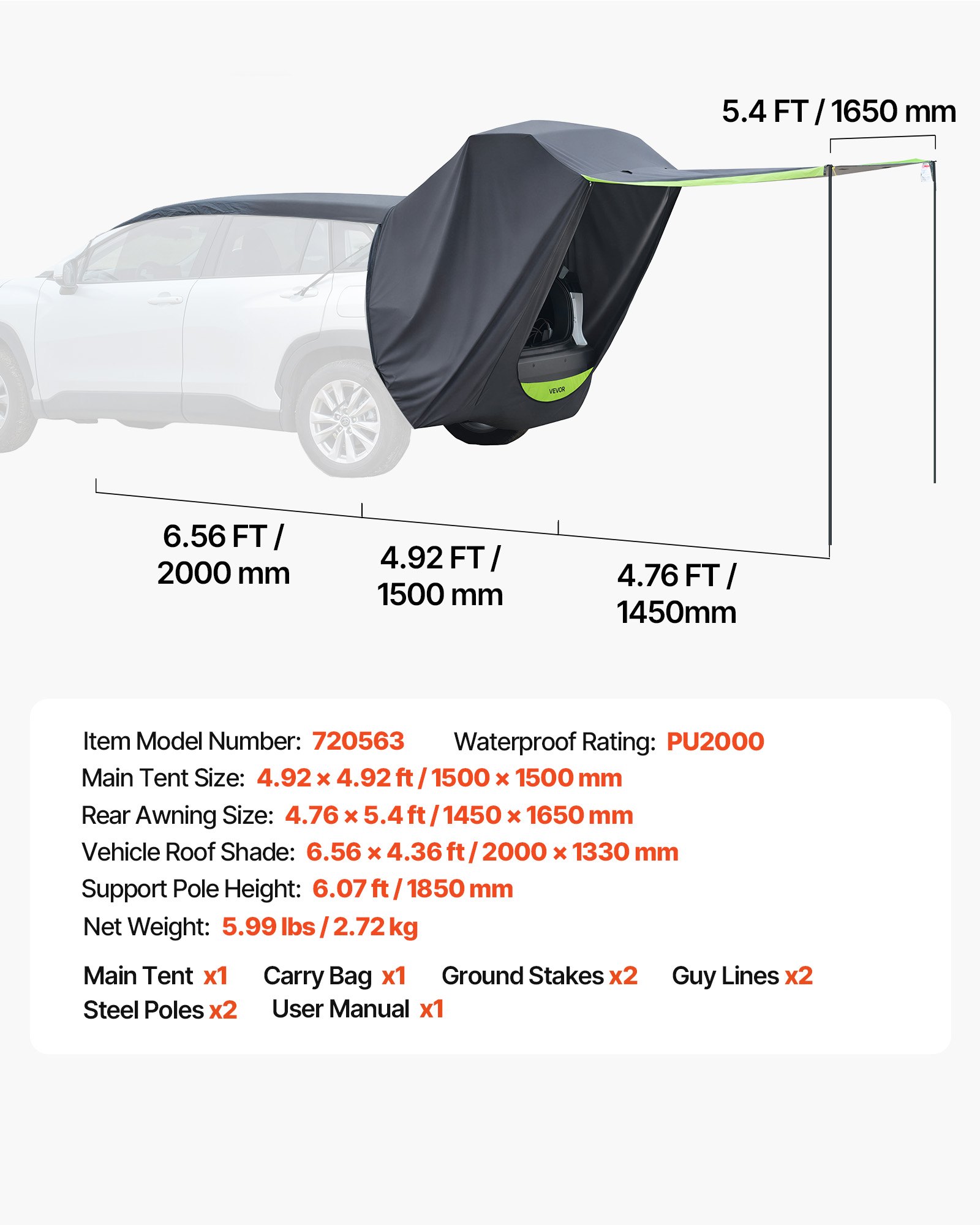 VEVOR Namiot samochodowy na tylną klapę (namiot główny 1,5 x 1,5 m), wodoodporny (PU2000 mm), namiot kempingowy z osłoną przeciwsłoneczną i torbą transportową, namiot na tylną klapę SUV-a do kempingu, pieszych wędrówek i aktywności na świeżym powietrzu, przenośny