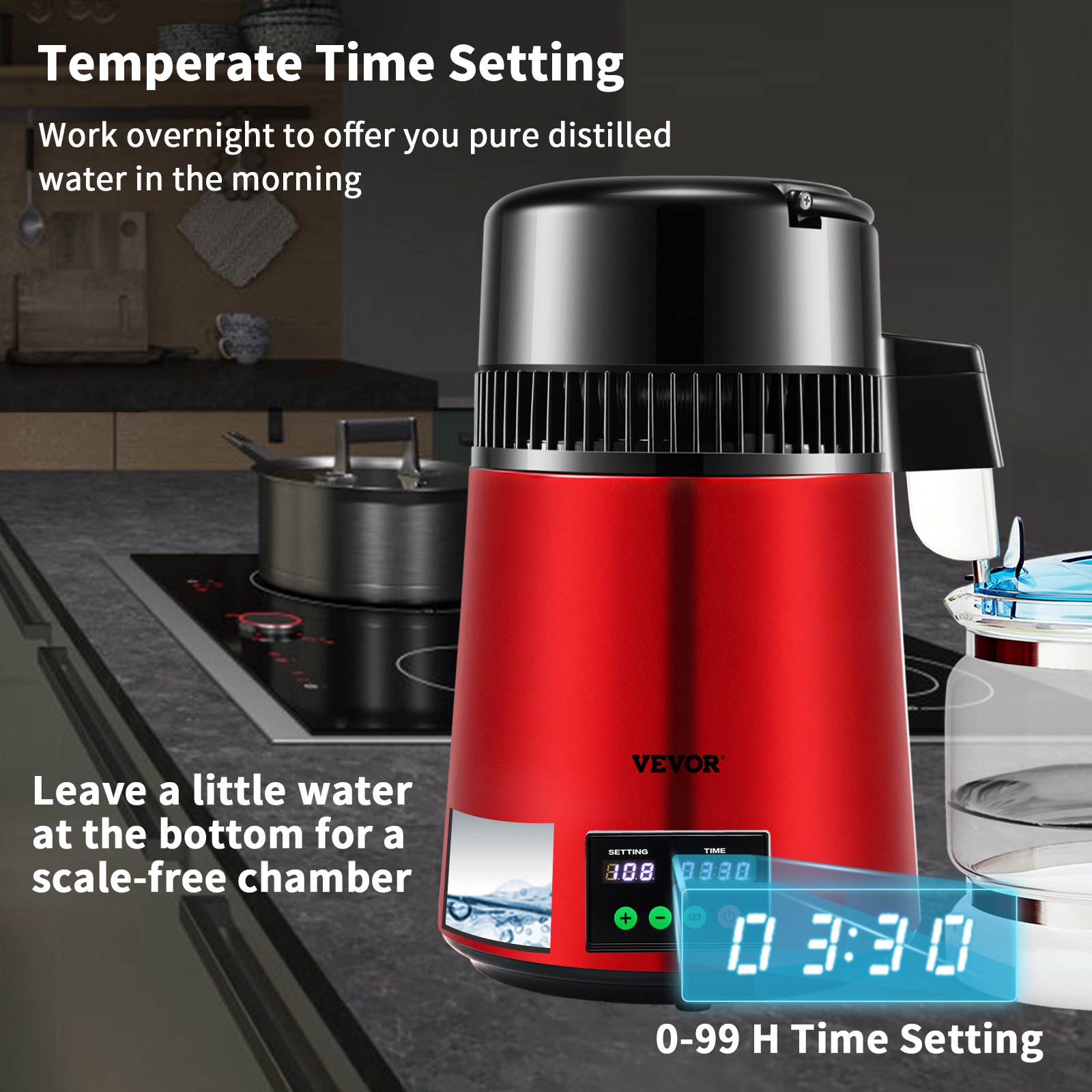 VEVOR 4 L Water Distiller, 1 L/H, 750 W Gedestilleerd Water Maker Machine met 0-99 H Timing Instelling Temp Display, 304 Roestvrijstalen Aanrecht Distiller, Glazen Karaf, Rood