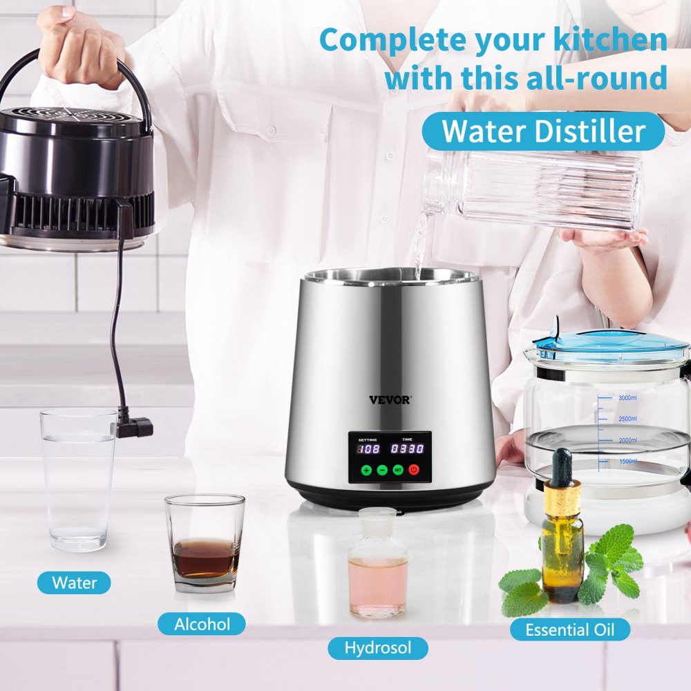VEVOR Destylator wody 1L/H Domowy srebrny destylator wody, wytwarza wodę destylowaną, 750 W, podwójny ekran, system destylacji ze stali nierdzewnej ze szklanym dzbankiem, destyluje czystą wodę