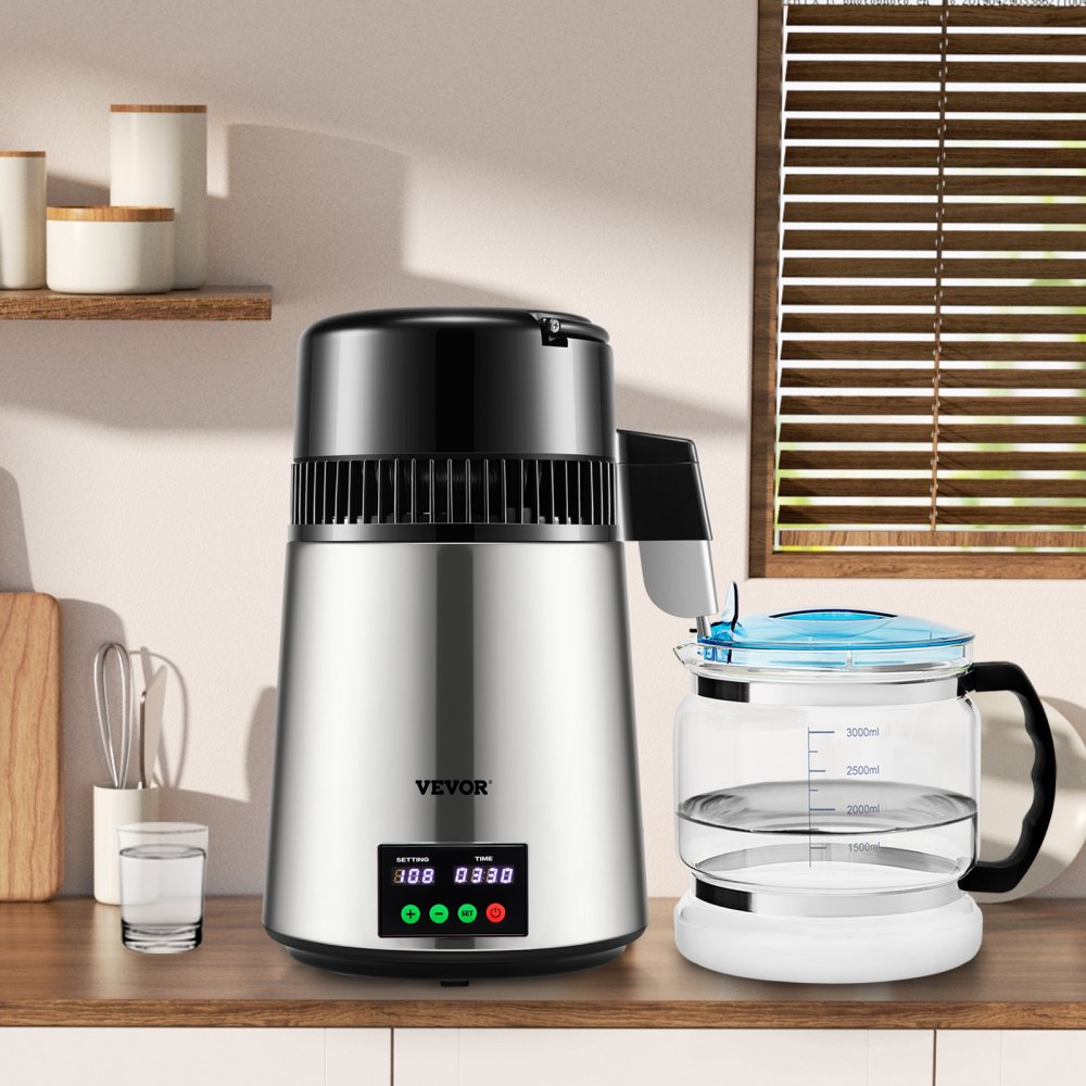 VEVOR Destylator wody 1L/H Domowy srebrny destylator wody, wytwarza wodę destylowaną, 750 W, podwójny ekran, system destylacji ze stali nierdzewnej ze szklanym dzbankiem, destyluje czystą wodę