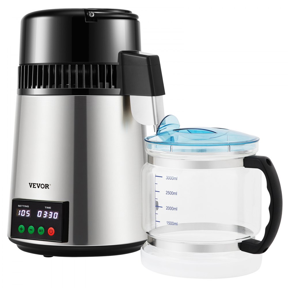 VEVOR Destylator wody 1L/H Domowy srebrny destylator wody, wytwarza wodę destylowaną, 750 W, podwójny ekran, system destylacji ze stali nierdzewnej ze szklanym dzbankiem, destyluje czystą wodę