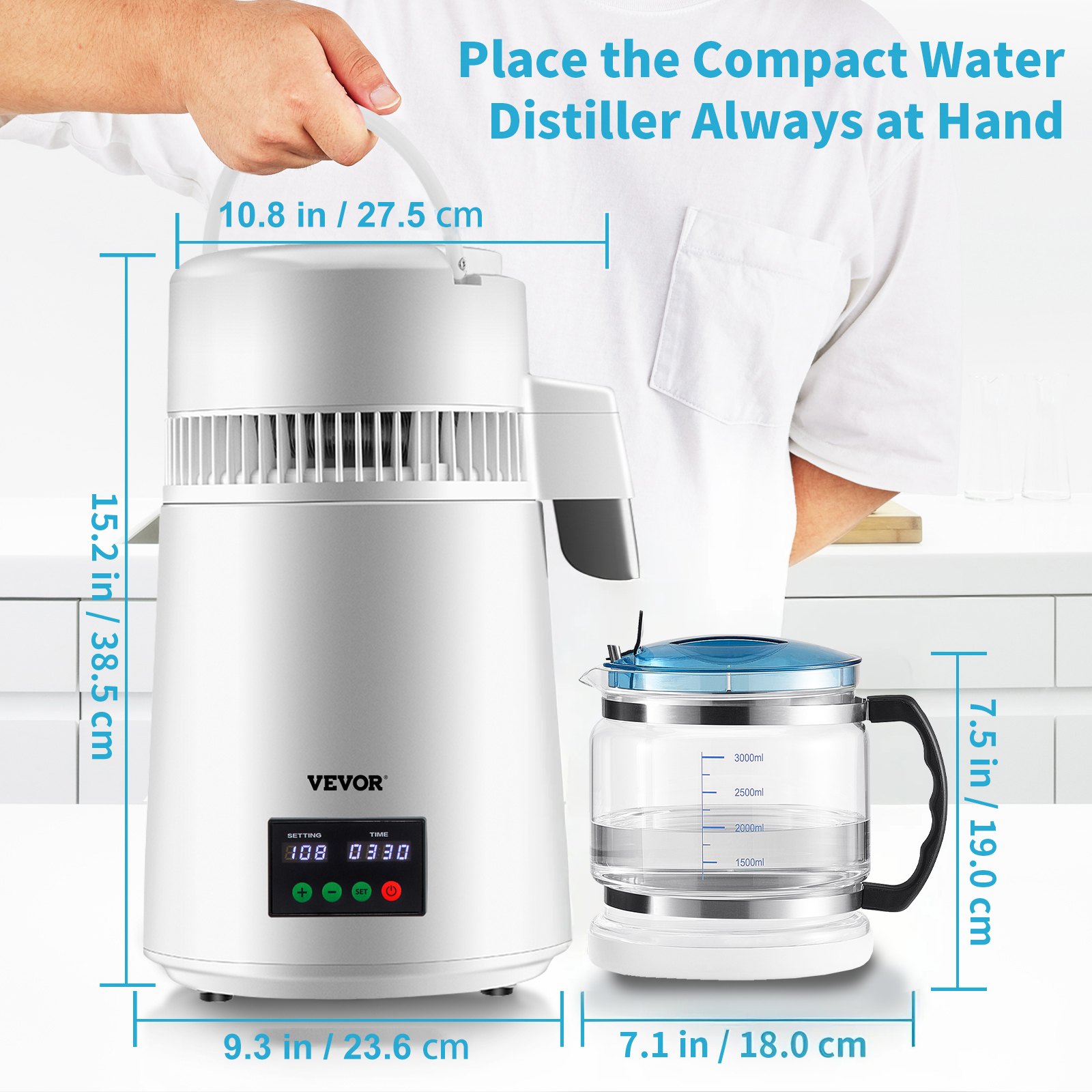 Destylator wody VEVOR 4L, destylator 750W, destylator wody ze stali nierdzewnej, destylator czystej wody ze szklanym dzbankiem, destylator wody 1L/godz., podwójny wyświetlacz temperatury