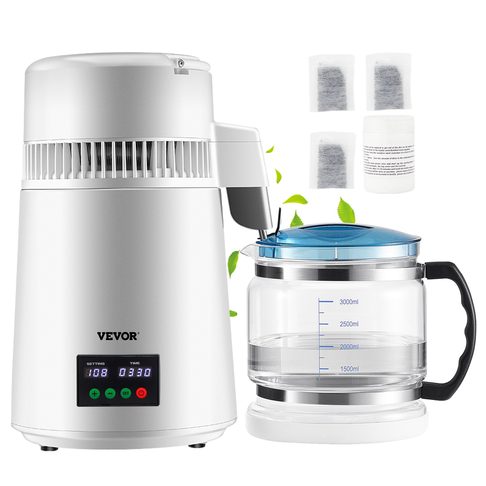 Destylator wody VEVOR 4L, destylator 750W, destylator wody ze stali nierdzewnej, destylator czystej wody ze szklanym dzbankiem, destylator wody 1L/godz., podwójny wyświetlacz temperatury