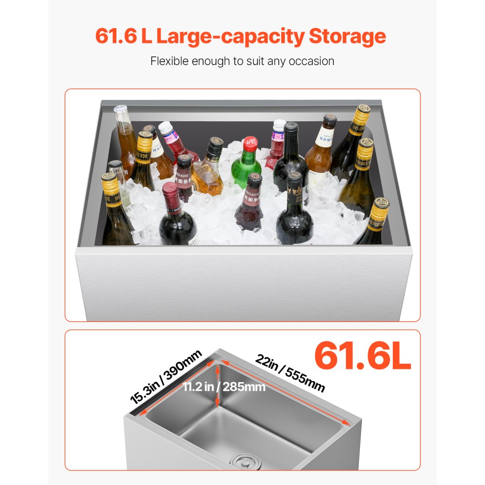 Pojemnik na lód VEVOR Commercial 61,6 l, wózek chłodniczy na kółkach (610 x 484 x 935 mm), stal nierdzewna, z przesuwaną pokrywą, dolnym schowkiem, regulowanymi stopkami kulkowymi, do baru i restauracji