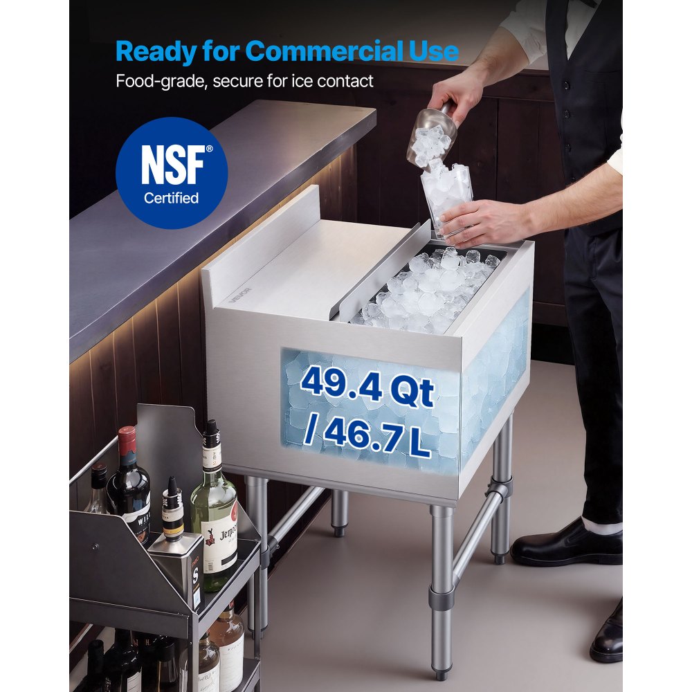 Pojemnik na lód VEVOR Catering 46,7 l, stal nierdzewna, podblatowy pojemnik na lód, 455 x 455 x 850 mm, z przesuwaną pokrywą, uchwytami na butelki i regulowanymi nóżkami, do barów, restauracji i pubów, certyfikat NSF