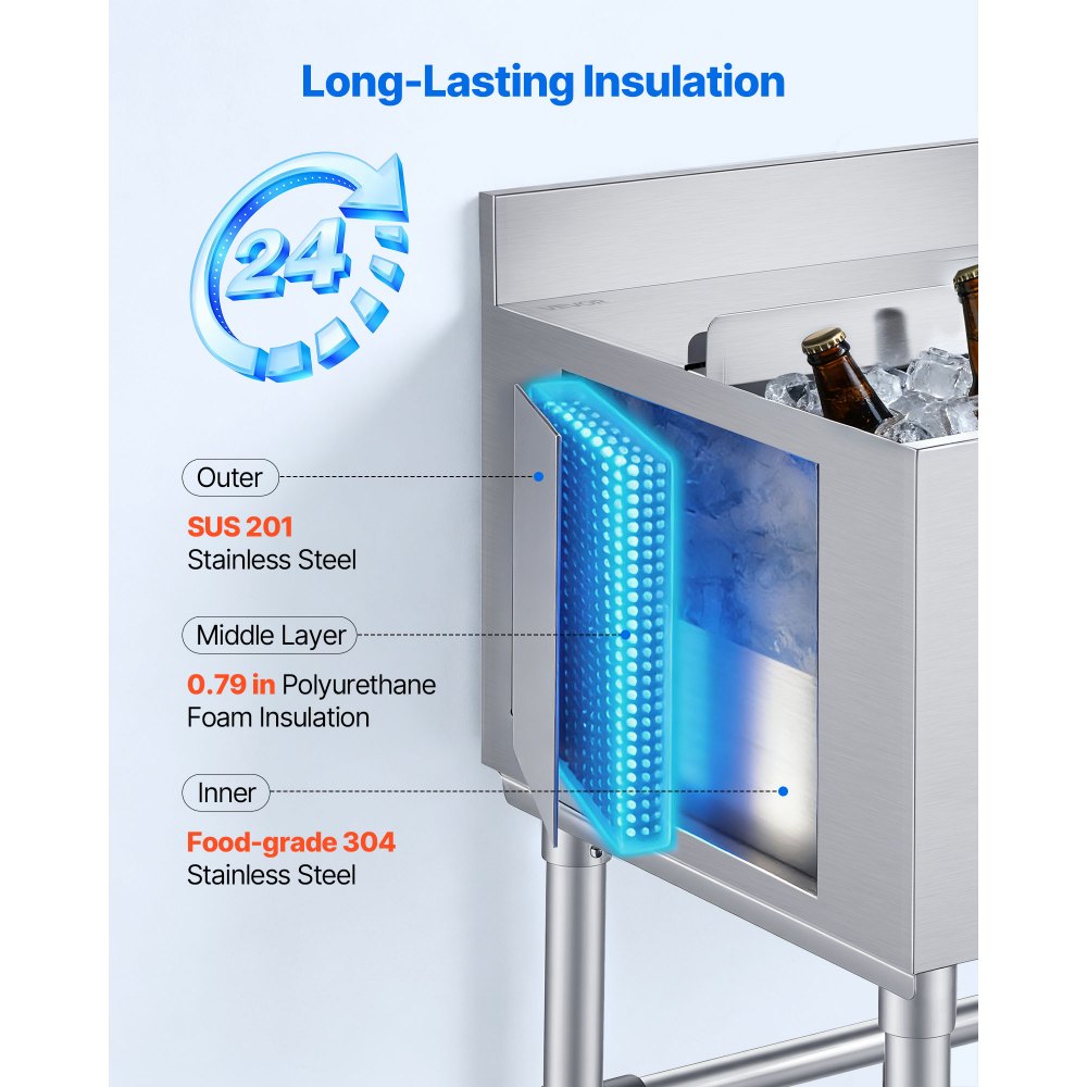 Pojemnik na lód VEVOR Catering 46,7 l, stal nierdzewna, podblatowy pojemnik na lód, 455 x 455 x 850 mm, z przesuwaną pokrywą, uchwytami na butelki i regulowanymi nóżkami, do barów, restauracji i pubów, certyfikat NSF