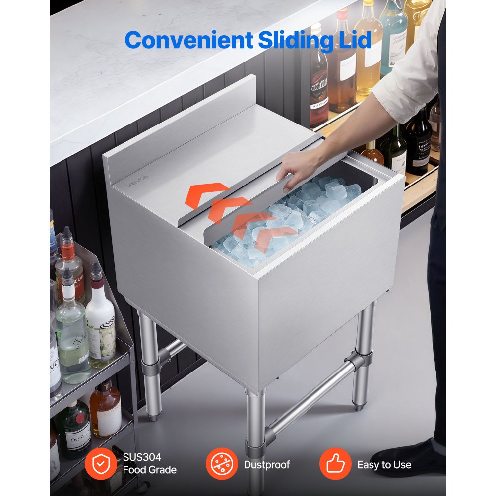 Pojemnik na lód VEVOR Catering 46,7 l, stal nierdzewna, podblatowy pojemnik na lód, 455 x 455 x 850 mm, z przesuwaną pokrywą, uchwytami na butelki i regulowanymi nóżkami, do barów, restauracji i pubów, certyfikat NSF