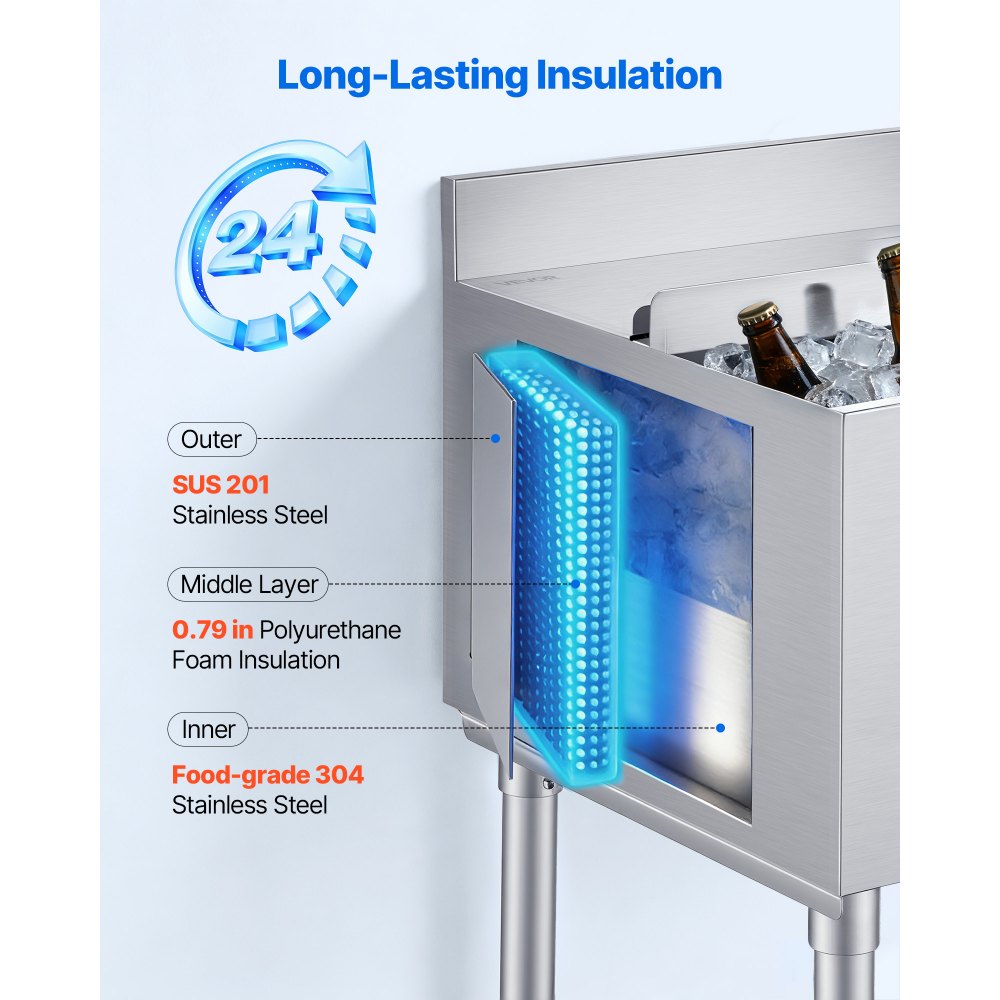 VEVOR Commercial Ice Bin, 46.7 L Max Capacity, 455 x 455 x 850 mm Stainless Steel Ice Chest with Sliding Lid and Bottle Holders, Cooler Cart Cocktail Unit for Bar Restaurant Pub, NSF Certified