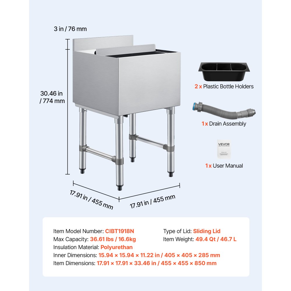 Pojemnik na lód VEVOR Catering 46,7 l, stal nierdzewna, podblatowy pojemnik na lód, 455 x 455 x 850 mm, z przesuwaną pokrywą, uchwytami na butelki i regulowanymi nóżkami, do barów, restauracji i pubów, certyfikat NSF