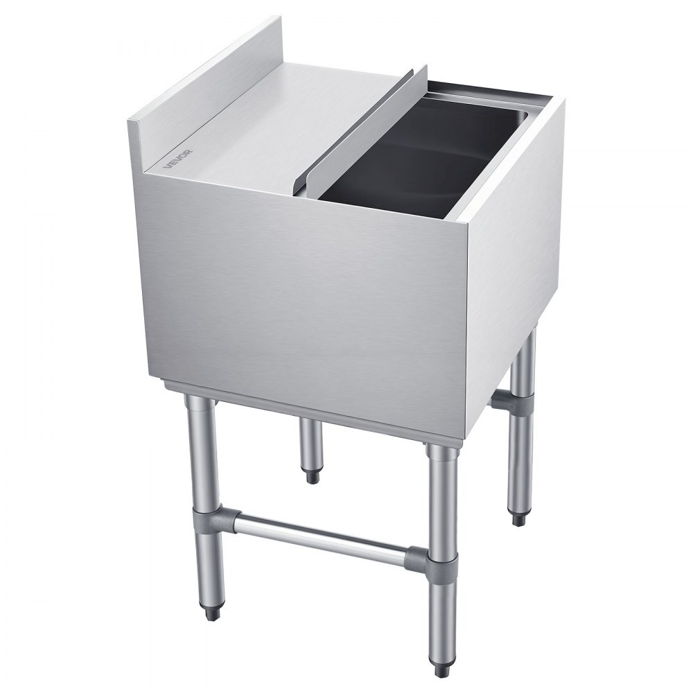 Pojemnik na lód VEVOR Catering 46,7 l, stal nierdzewna, podblatowy pojemnik na lód, 455 x 455 x 850 mm, z przesuwaną pokrywą, uchwytami na butelki i regulowanymi nóżkami, do barów, restauracji i pubów, certyfikat NSF