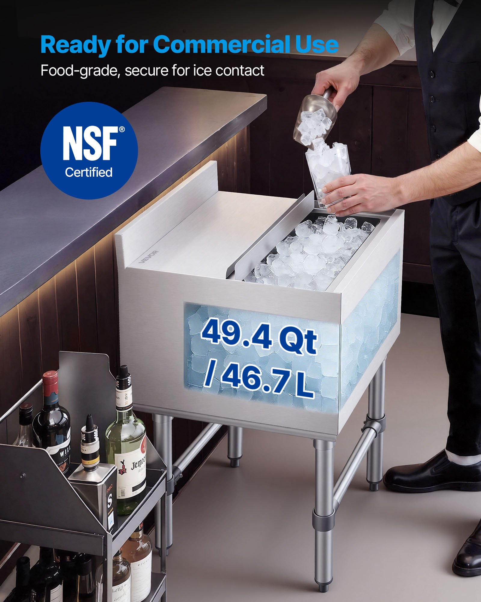 Pojemnik na lód VEVOR Catering 46,7 l, stal nierdzewna, podblatowy pojemnik na lód, 455 x 455 x 850 mm, z przesuwaną pokrywą, uchwytami na butelki i regulowanymi nóżkami, do barów, restauracji i pubów, certyfikat NSF
