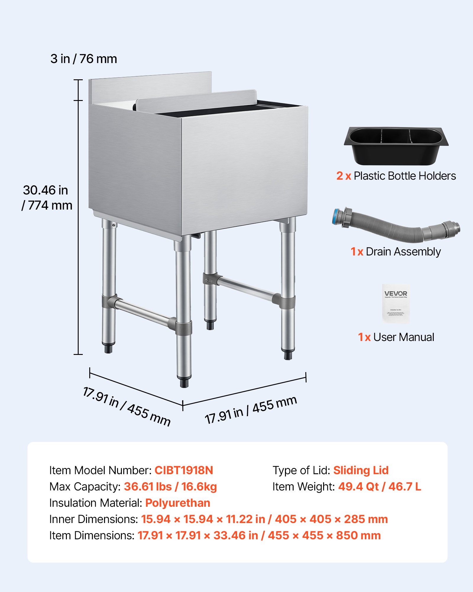 Pojemnik na lód VEVOR Catering 46,7 l, stal nierdzewna, podblatowy pojemnik na lód, 455 x 455 x 850 mm, z przesuwaną pokrywą, uchwytami na butelki i regulowanymi nóżkami, do barów, restauracji i pubów, certyfikat NSF