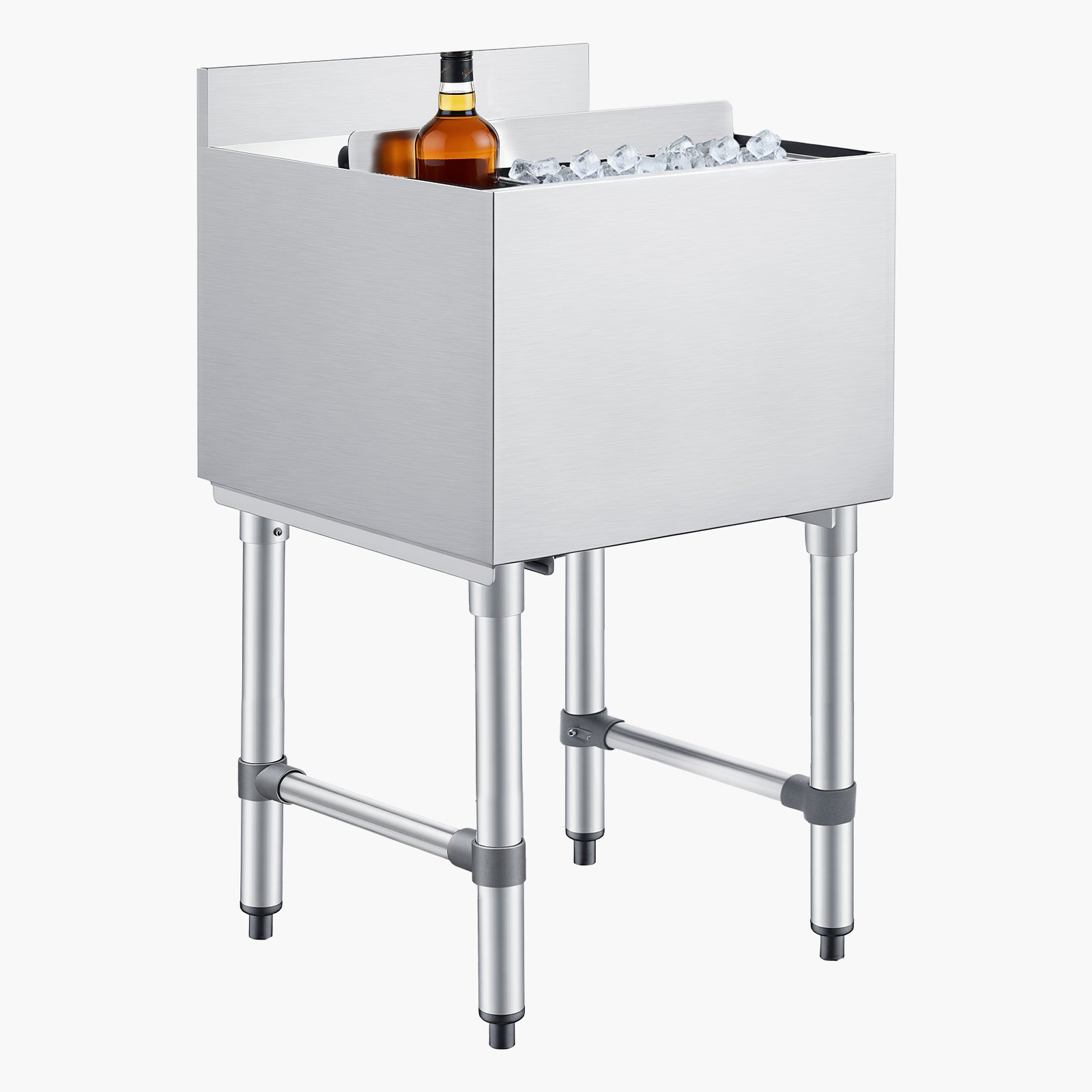 Pojemnik na lód VEVOR Catering 46,7 l, stal nierdzewna, podblatowy pojemnik na lód, 455 x 455 x 850 mm, z przesuwaną pokrywą, uchwytami na butelki i regulowanymi nóżkami, do barów, restauracji i pubów, certyfikat NSF