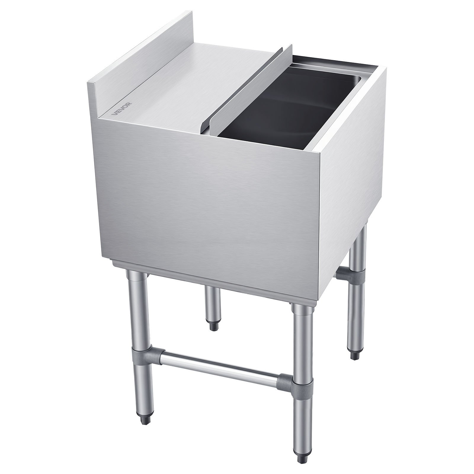 Pojemnik na lód VEVOR Catering 46,7 l, stal nierdzewna, podblatowy pojemnik na lód, 455 x 455 x 850 mm, z przesuwaną pokrywą, uchwytami na butelki i regulowanymi nóżkami, do barów, restauracji i pubów, certyfikat NSF