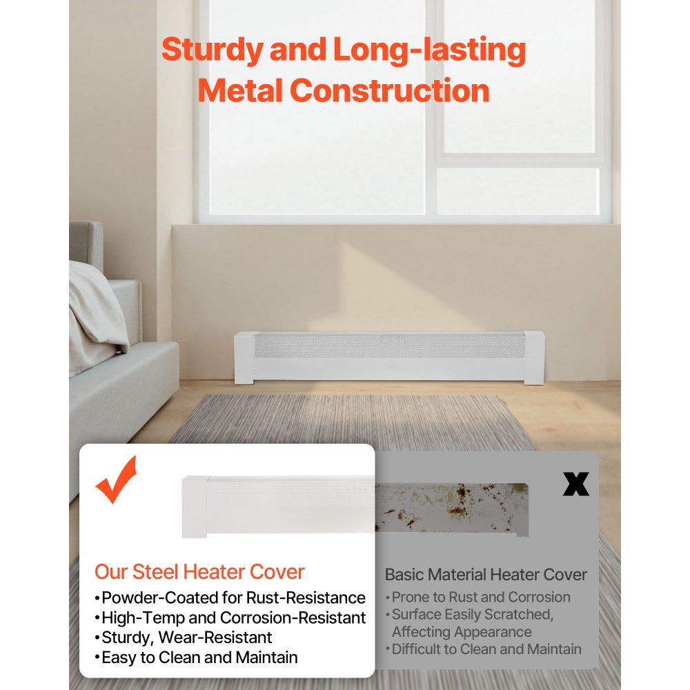 VEVOR Baseboard Heater Covers, Basic Series 1211 mm Standard Electric Heating Unit Front Cover for Home Improvement, Heavy-duty Steel, Easy Installation for Bedroom Replacing Old Cover, White