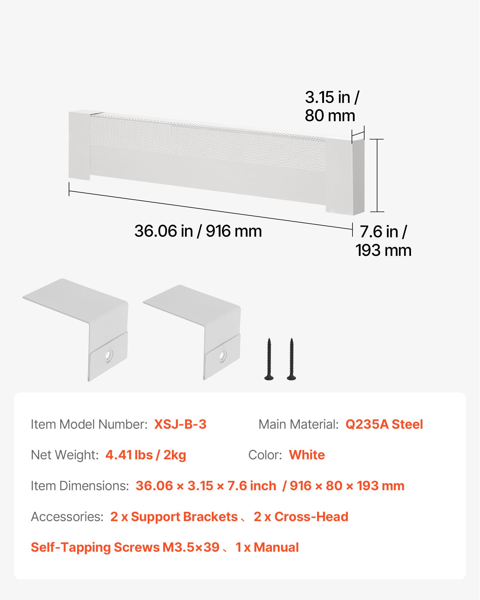 Osłony grzejnikowe VEVOR, seria podstawowa, 916 x 80 x 193 mm, standardowa osłona przednia do grzejników elektrycznych, osłona zamienna z wytrzymałej stali, do sypialni, kolor biały