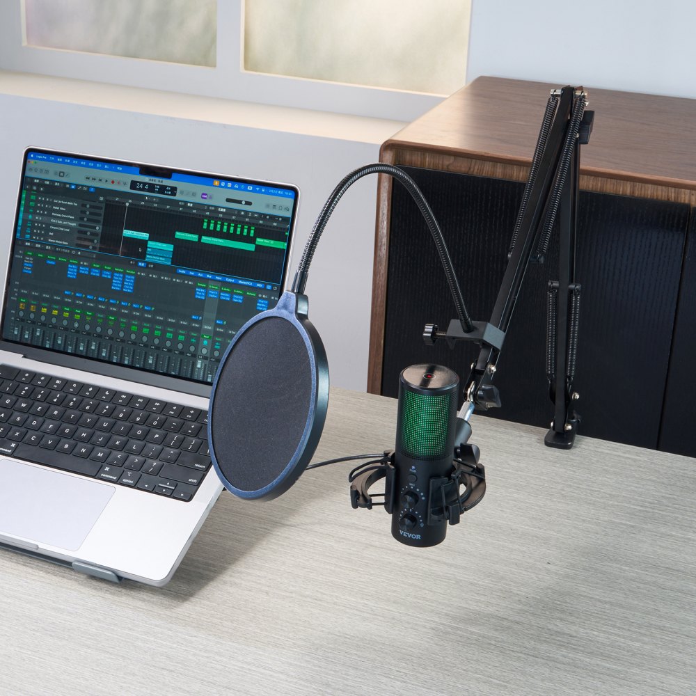 Mikrofon USB VEVOR, zestaw mikrofonu pojemnościowego 192 kHz/24-bit ze statywem z wysięgnikiem, filtrem pop, 11 efektami świetlnymi RGB, przyciskiem wyciszenia, gniazdem słuchawkowym do nagrywania podczas grania i śpiewania