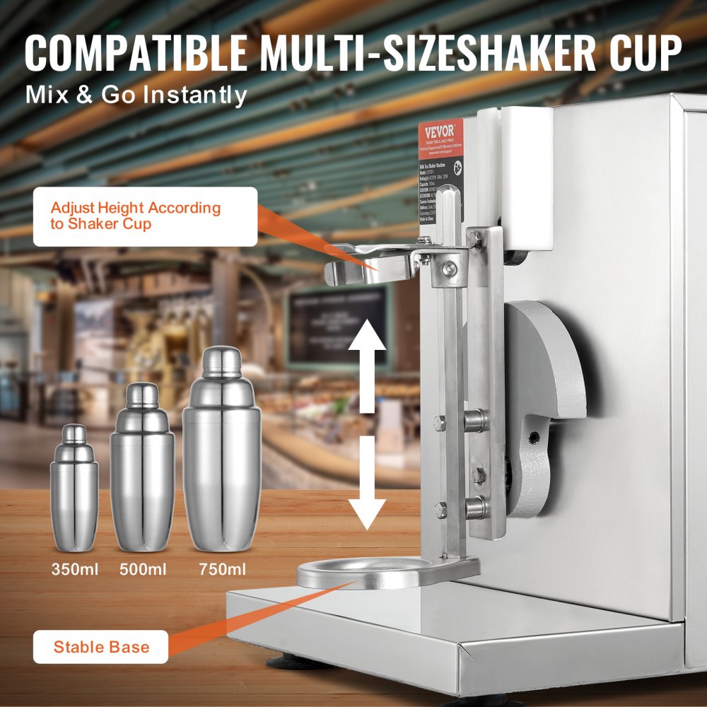 VEVOR Milkshake Machine, komercyjny shaker do herbaty mlecznej o mocy 120 W, mikser do koktajli mlecznych z jedną głowicą, regulowany mikser do koktajli mlecznych w zakresie 0–180 s, ze stalowym kubkiem o pojemności 750 ml, do lokali serwujących herbatę mleczną