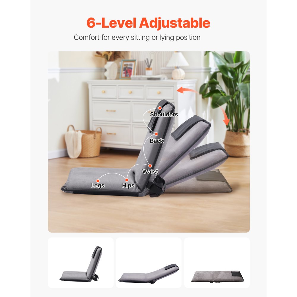 VEVOR Fotel podłogowy z 6-stopniową regulacją i oparciem do medytacji, składany fotel wypoczynkowy do czytania, oglądania telewizji i grania, przenośny fotel podłogowy, fotel wypoczynkowy, dla dorosłych i nastolatków, szary