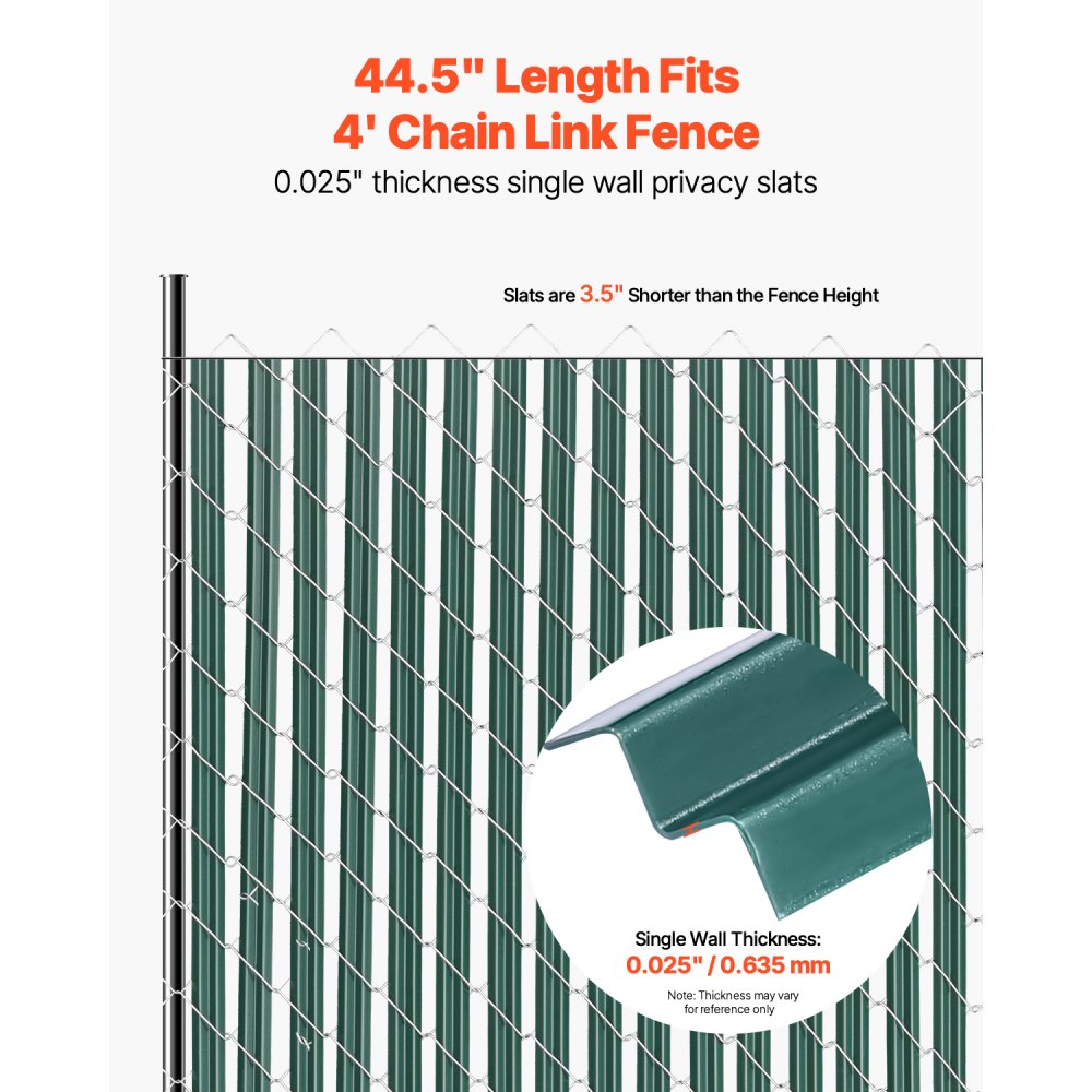 VEVOR Bottom Locking Privacy Slats, Single-Wall Vertical Bottom-Locking Slats for Chain-Link Fence, High-Density HDPE Chain Link Slats Ideally Fit 4' High Fence for Garden, Farm, Sports Field(Green)