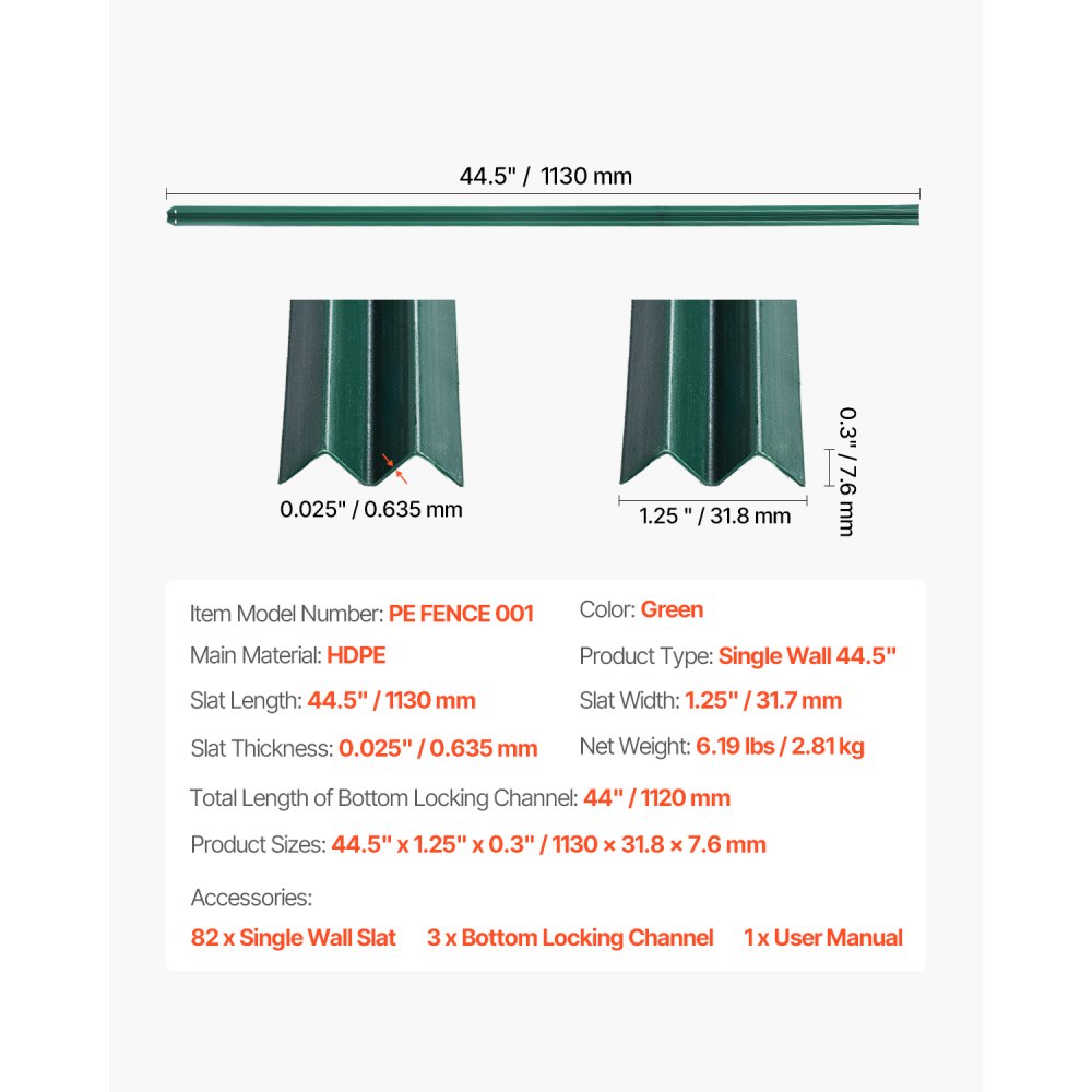 VEVOR Bottom Locking Privacy Slats, Single-Wall Vertical Bottom-Locking Slats for Chain-Link Fence, High-Density HDPE Chain Link Slats Ideally Fit 4' High Fence for Garden, Farm, Sports Field(Green)