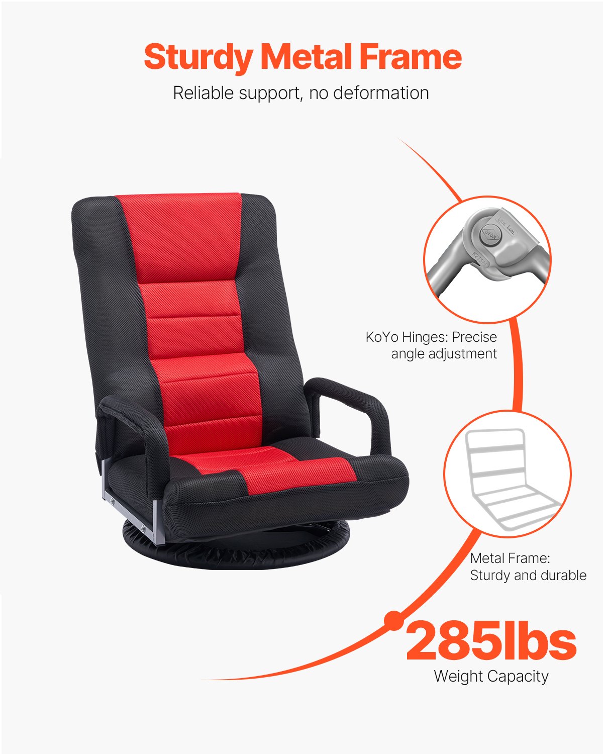 Fotel gamingowy VEVOR obrotowy z podłokietnikami (obrót o 360°) Sofa podłogowa z 6 regulowanymi pozycjami, oparciem i podparciem lędźwiowym, sofa z funkcją wideorozkładania do oglądania telewizji i czytania, kolor czerwony/czarny