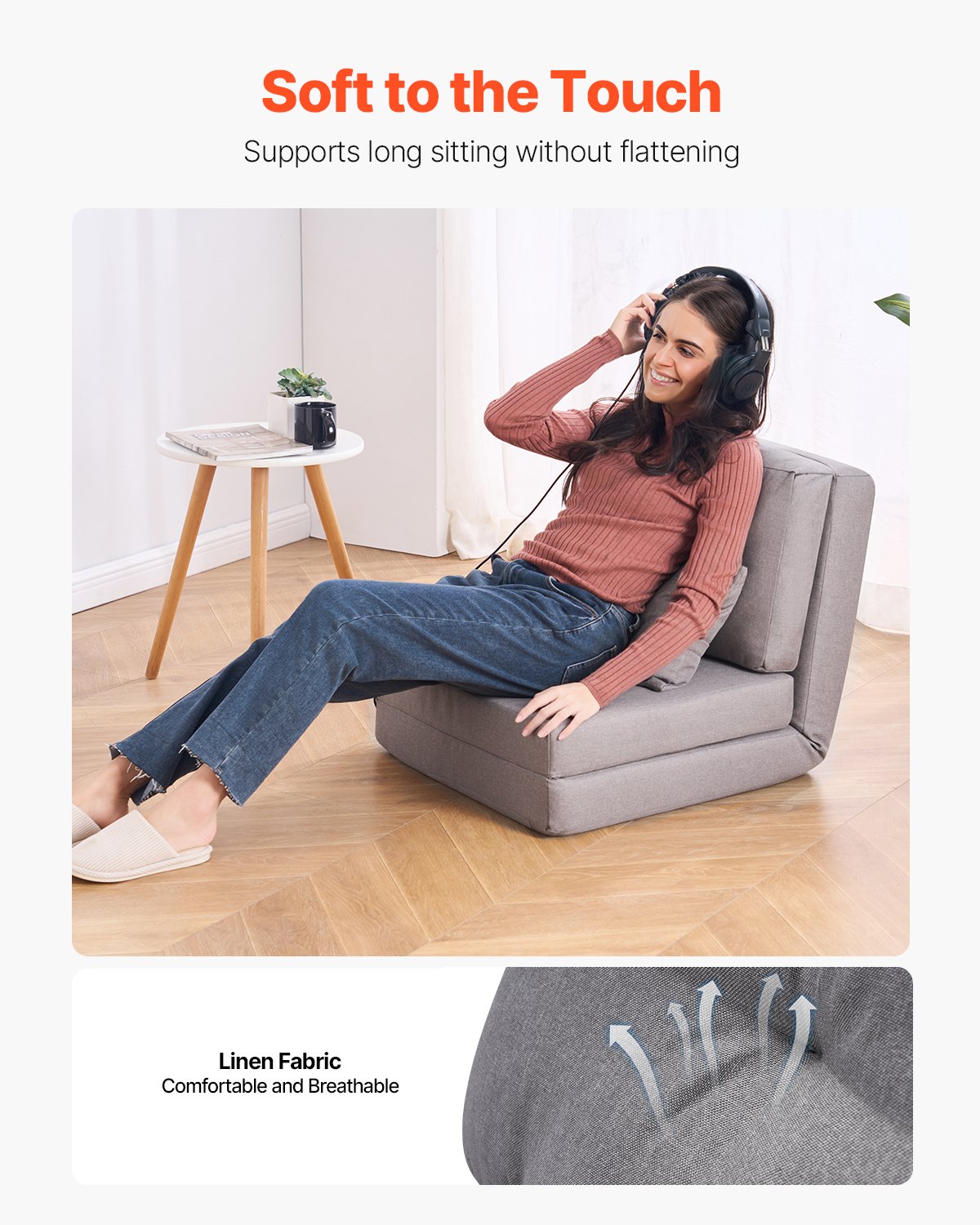 VEVOR Sofa rozkładana, rozkładana w 5 kierunkach, składana, tapicerowana sofa z regulowanym oparciem i poduszkami, składana sofa do salonu i sypialni, szara