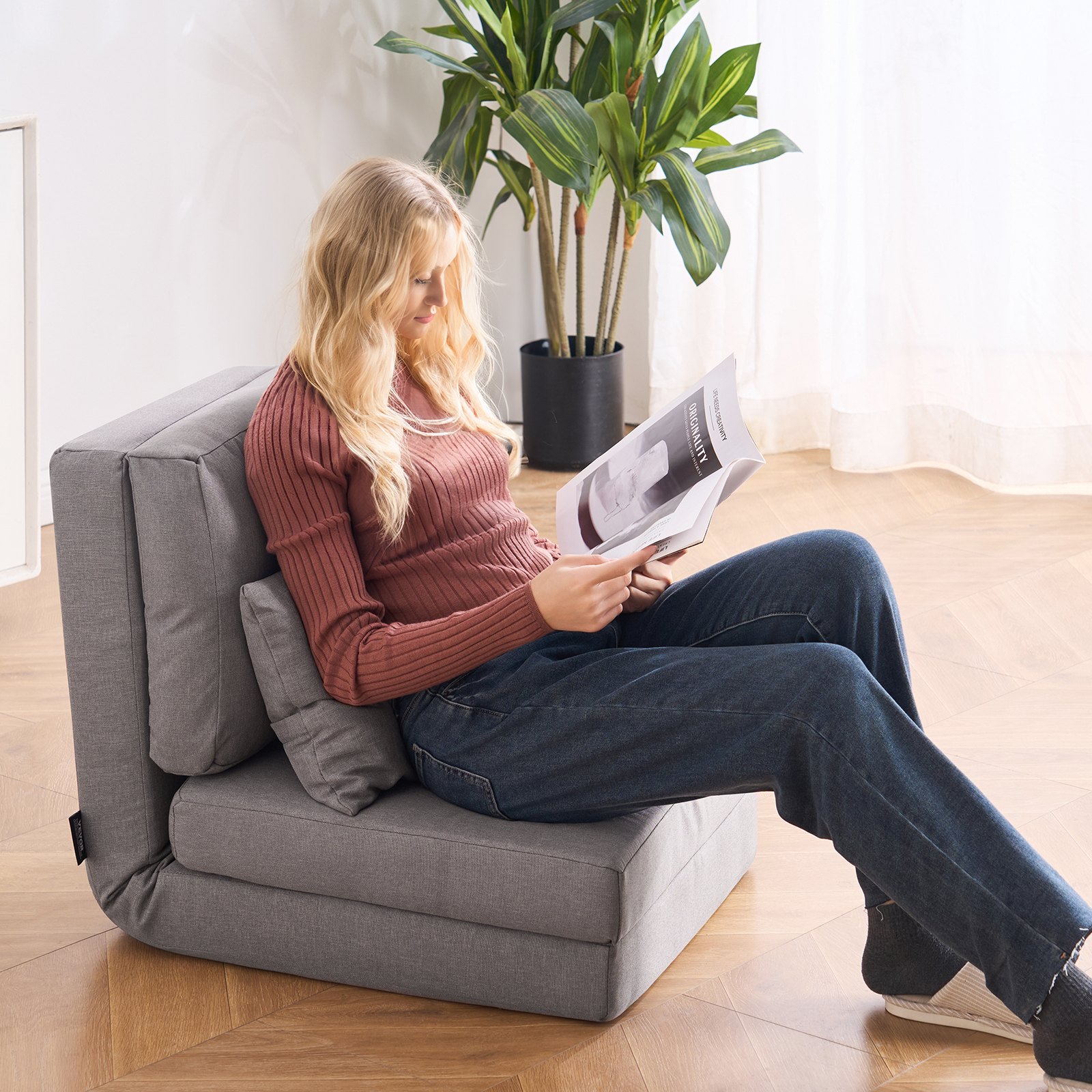 VEVOR Sofa rozkładana, rozkładana w 5 kierunkach, składana, tapicerowana sofa z regulowanym oparciem i poduszkami, składana sofa do salonu i sypialni, szara