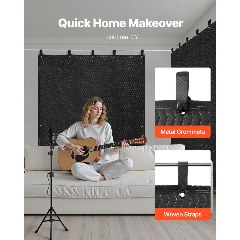 VEVOR Sound Dampening Blankets, Soundproof Curtains with 2032 x 1219 mm, Soundproof Blanket with Grommets, Studio Grommeted Blanket, for Window, Door, Light Blocker, Music Recording, Black