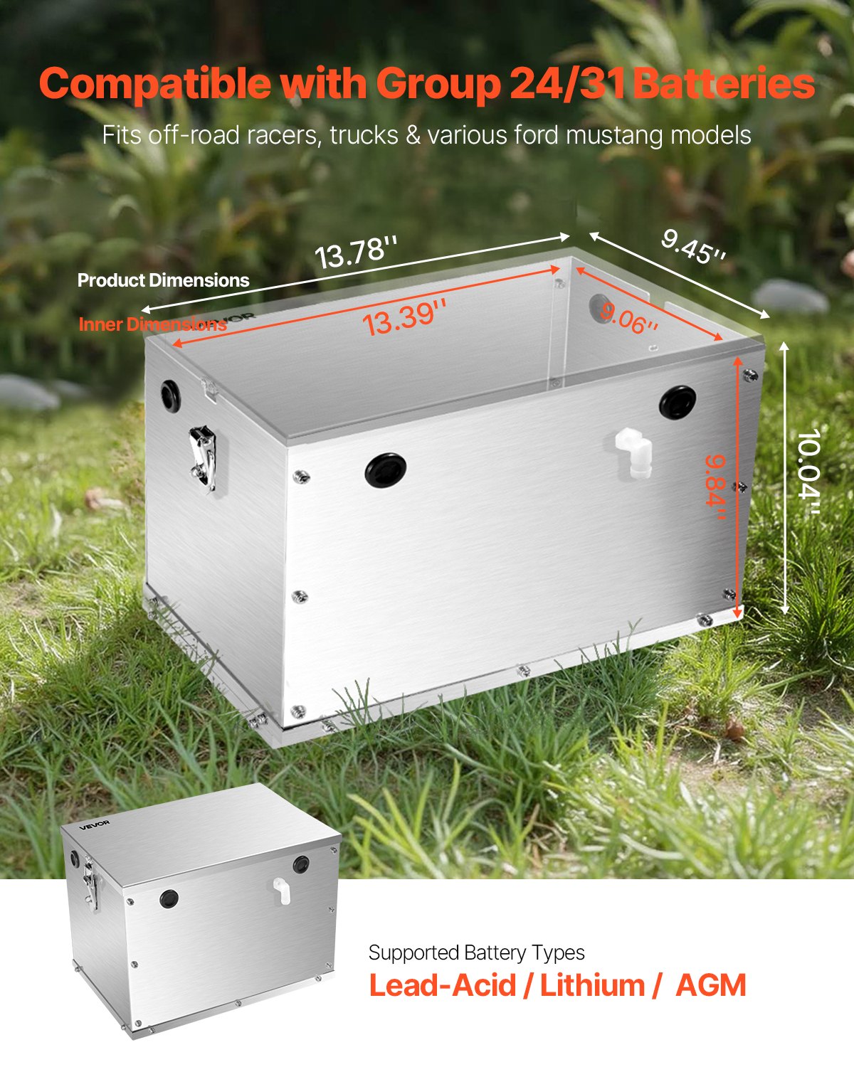 VEVOR Battery Box, Group 24/31, Battery Box for Marine Batteries with Handles & Cable Holes with Rubber Grommet, Aluminum Alloy Housing, Suitable for Off-Road Racing Cars & Trucks