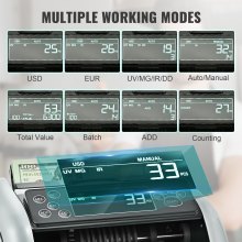 Liczarka pieniędzy VEVOR, Licznik banknotów z funkcją wykrywania fałszerstw UV, MG, IR i DD, Liczarka pieniędzy w USD i EUR z dużym wyświetlaczem LCD i wyświetlaczem zewnętrznym dla małych firm