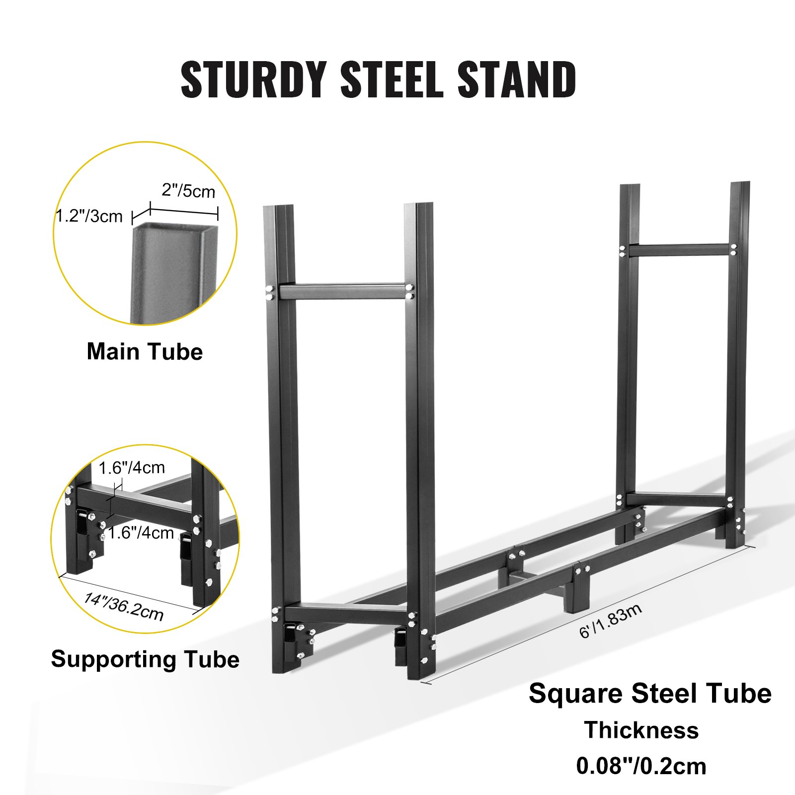 VEVOR Metalowy stojak na drewno opałowe o udźwigu 590 kg, stojak na drewno opałowe 183,5 x 36,2 x 122 cm, osłona na drewno opałowe z pokrowcem z tworzywa PVC (183,5 x 36,2 x 27,5 cm), czarny uchwyt na drewno opałowe, pomoc w układaniu drewna opałowego na zewnątrz