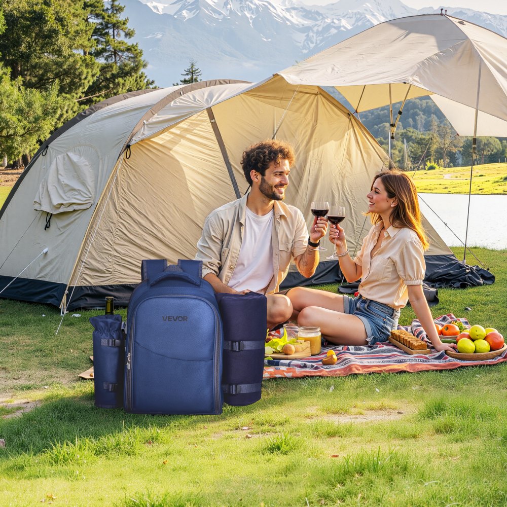 Plecak piknikowy VEVOR (20 l) dla 2 osób z izolowaną komorą chłodzącą, wyjmowanym uchwytem na butelkę/wino, lekkim kocem, talerzami i zestawem sztućców do wędrówek i kempingu, granatowy